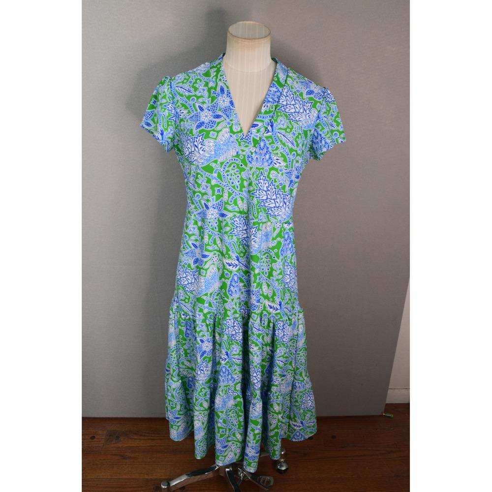 Jude Connally Libby Midi Dress XS Green Blue Paisley Tiered V-Neck Women Summer